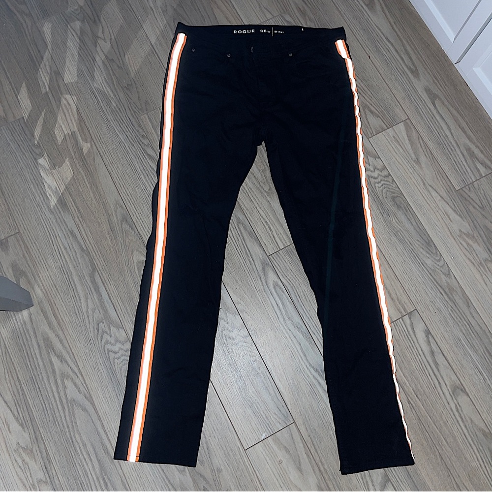Men’s sz 38 skinny jeans orange and reflective side